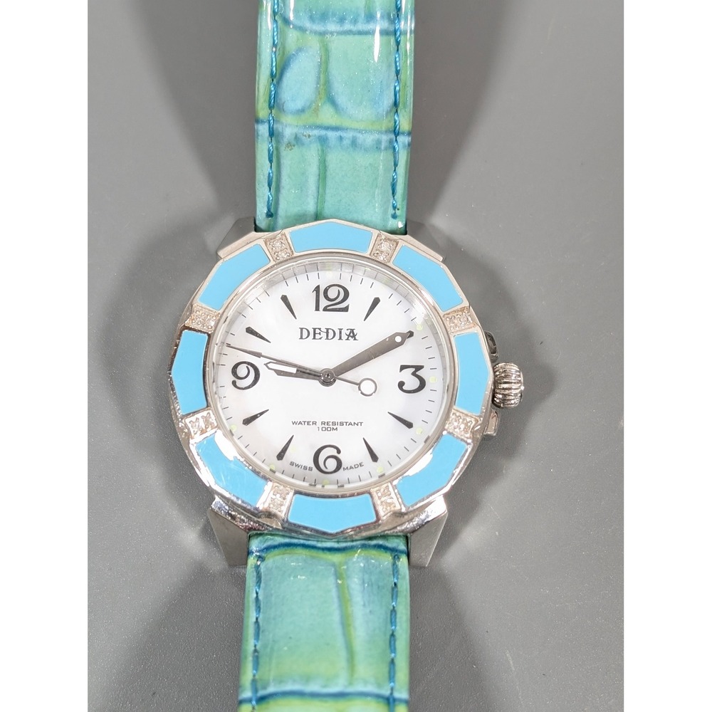 DEDIA Swiss Made Women's Watch‎ Genuine Diamond Bezel Blue Green Leather 7.5"